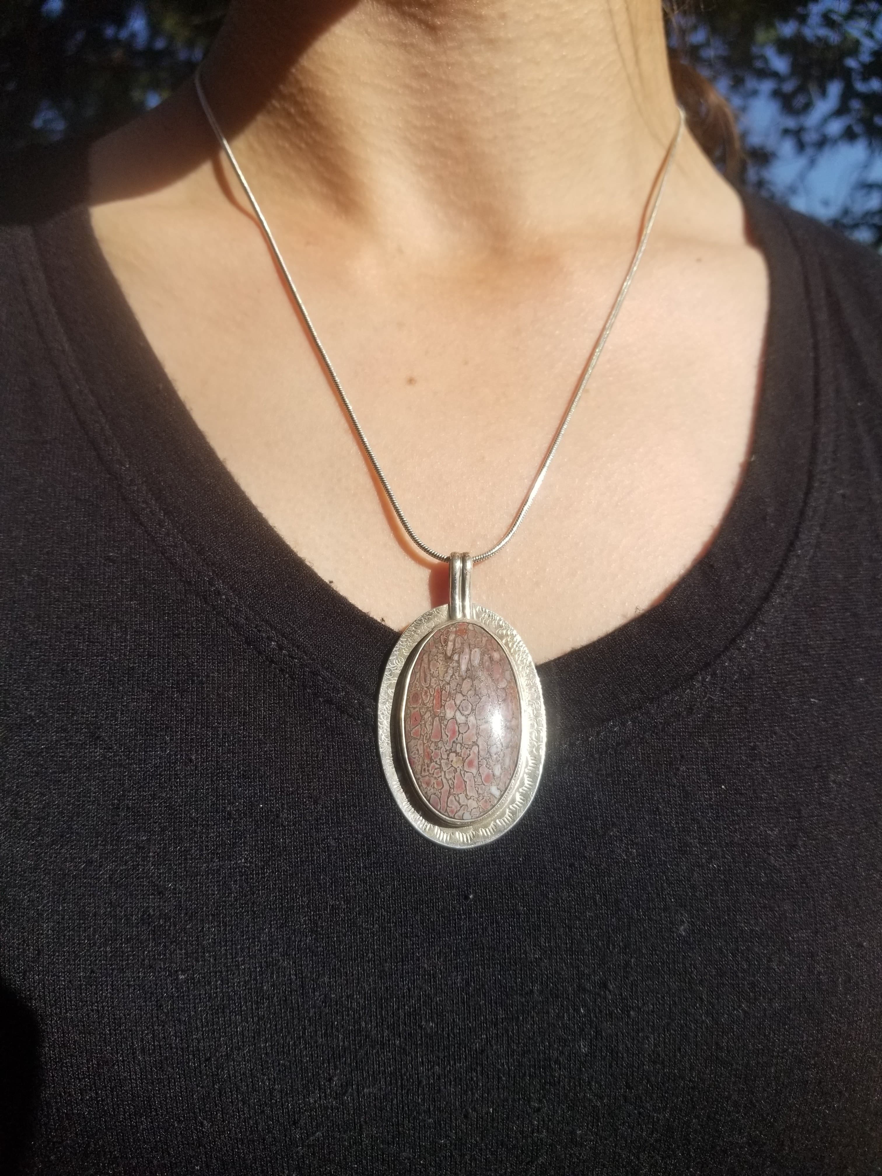 Incredible Agatized Dinosaur Gem Bone Custom Handmade Silver Pendant Artisan Jewelry - 2.25” x  1.25”